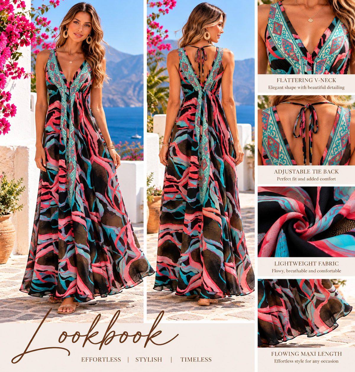 Coral, Turquoise and Black Printed Boho Maxi Dress