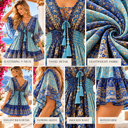 Blue Silk Paisley Boho Dress