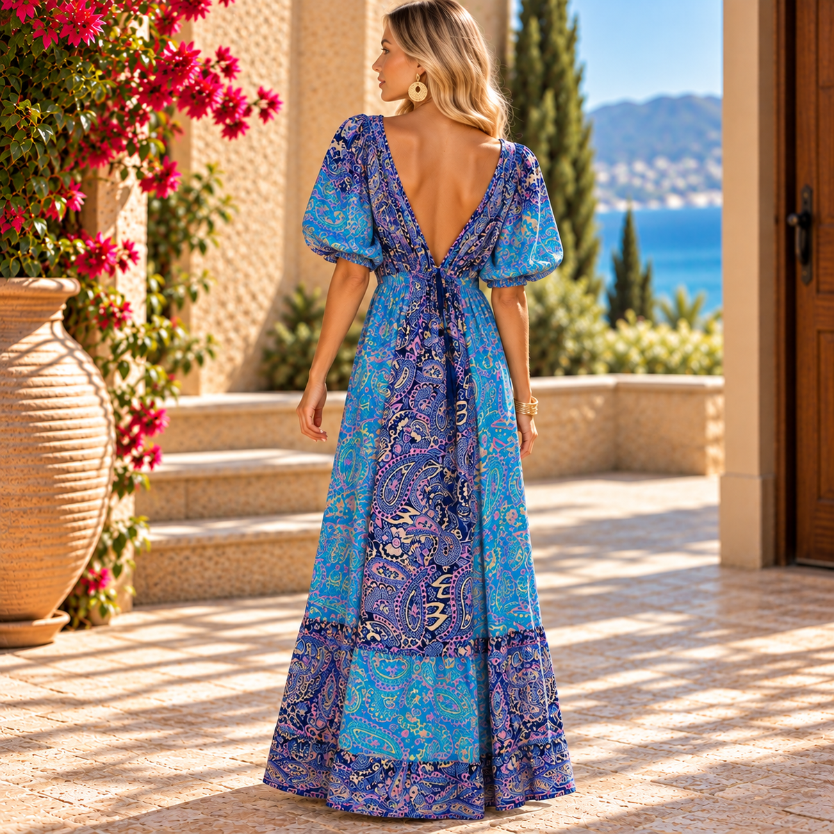 Turquoise, Blue & Pink Paisley Boho Dress