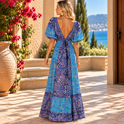 Turquoise, Blue & Pink Paisley Boho Dress