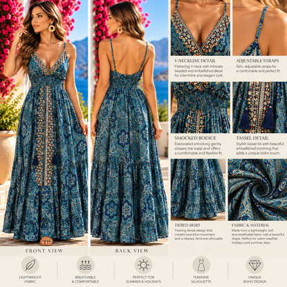 Teal Blue Embellished Paisley Maxi Dress