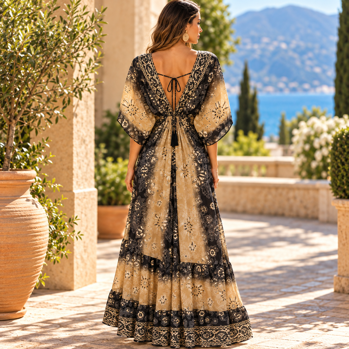 Black & Beige Paisley Boho Dress with Flowy Sleeves
