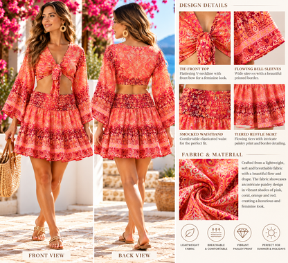 Coral & Pink Paisley Two-Piece Boho Outfit