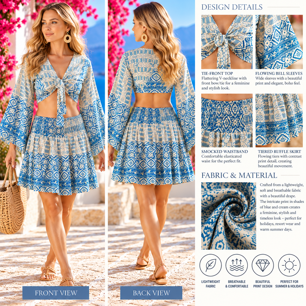 Blue & Cream Paisley Two-Piece Boho Outfit