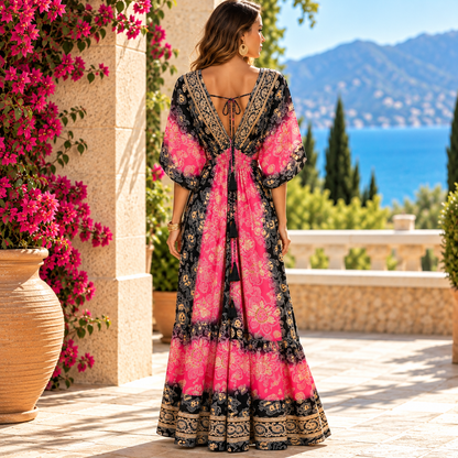 Black & Pink Floral Boho Dress with Flowy Sleeves