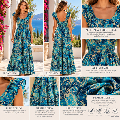 Turquoise & Blue Paisley Maxi Dress with Ruffle Sleeves