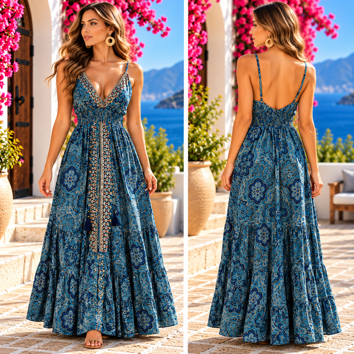 Teal Blue Embellished Paisley Maxi Dress