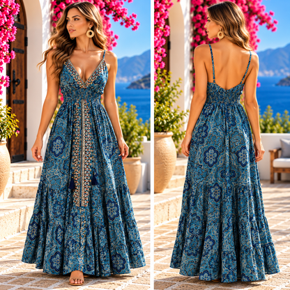 Teal Blue Embellished Paisley Maxi Dress