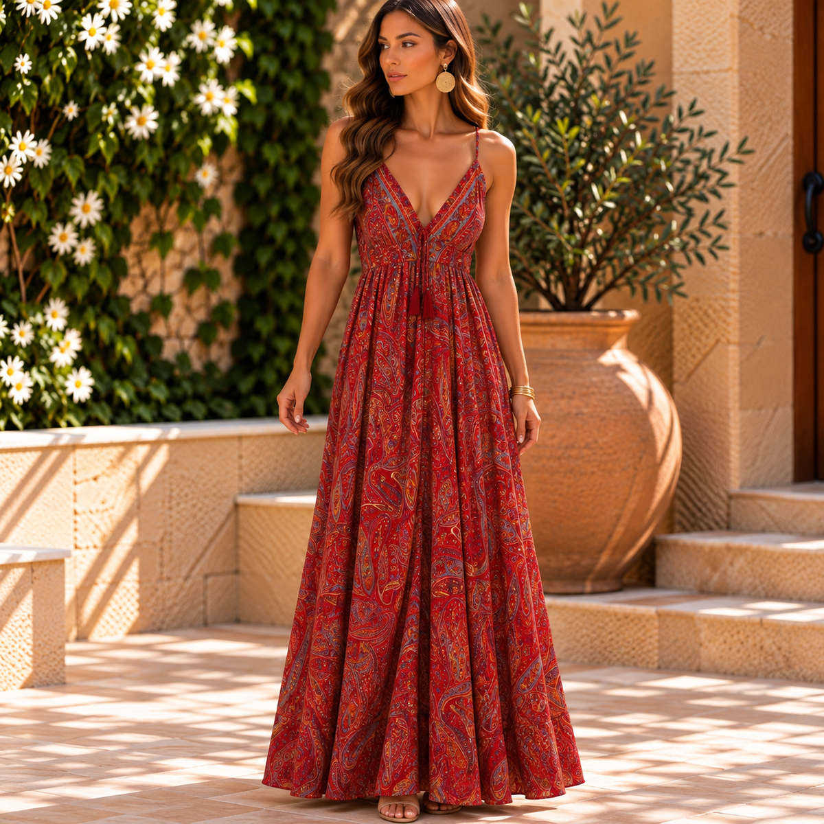 Red Paisley Maxi Dress with Tassel Tie Detail