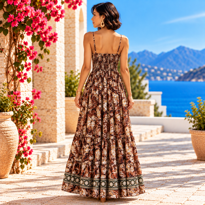 Brown and Cream Silk Boho Maxi Dress – Deep V-Neck and Smocked Waist