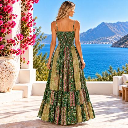 Emerald Green Silk Boho Maxi Dress – Embellished V-Neck and Smocked Waist