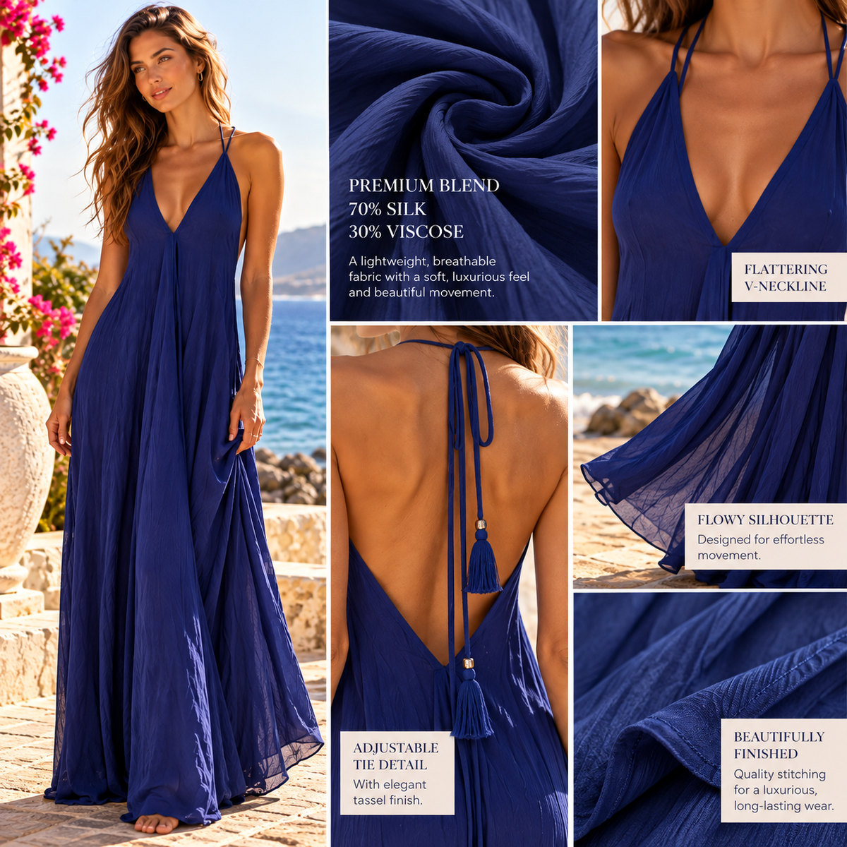 Royal Blue Silk Blend Backless Maxi Dress – Elegant Boho Resort Wear