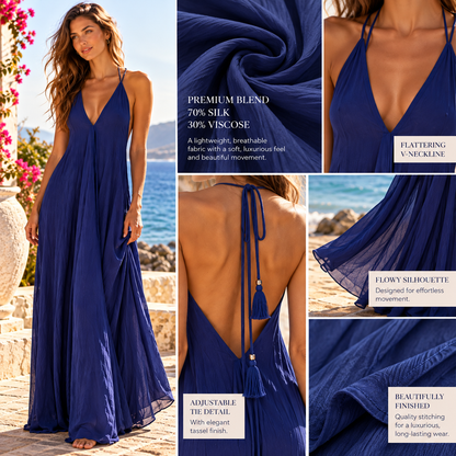 Royal Blue Silk Blend Backless Maxi Dress – Elegant Boho Resort Wear