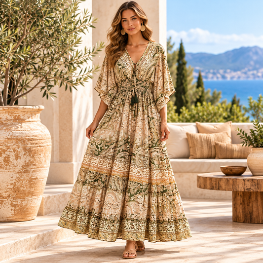 Olive Green and Cream Paisley Silk Boho Maxi Dress – Flutter Sleeves