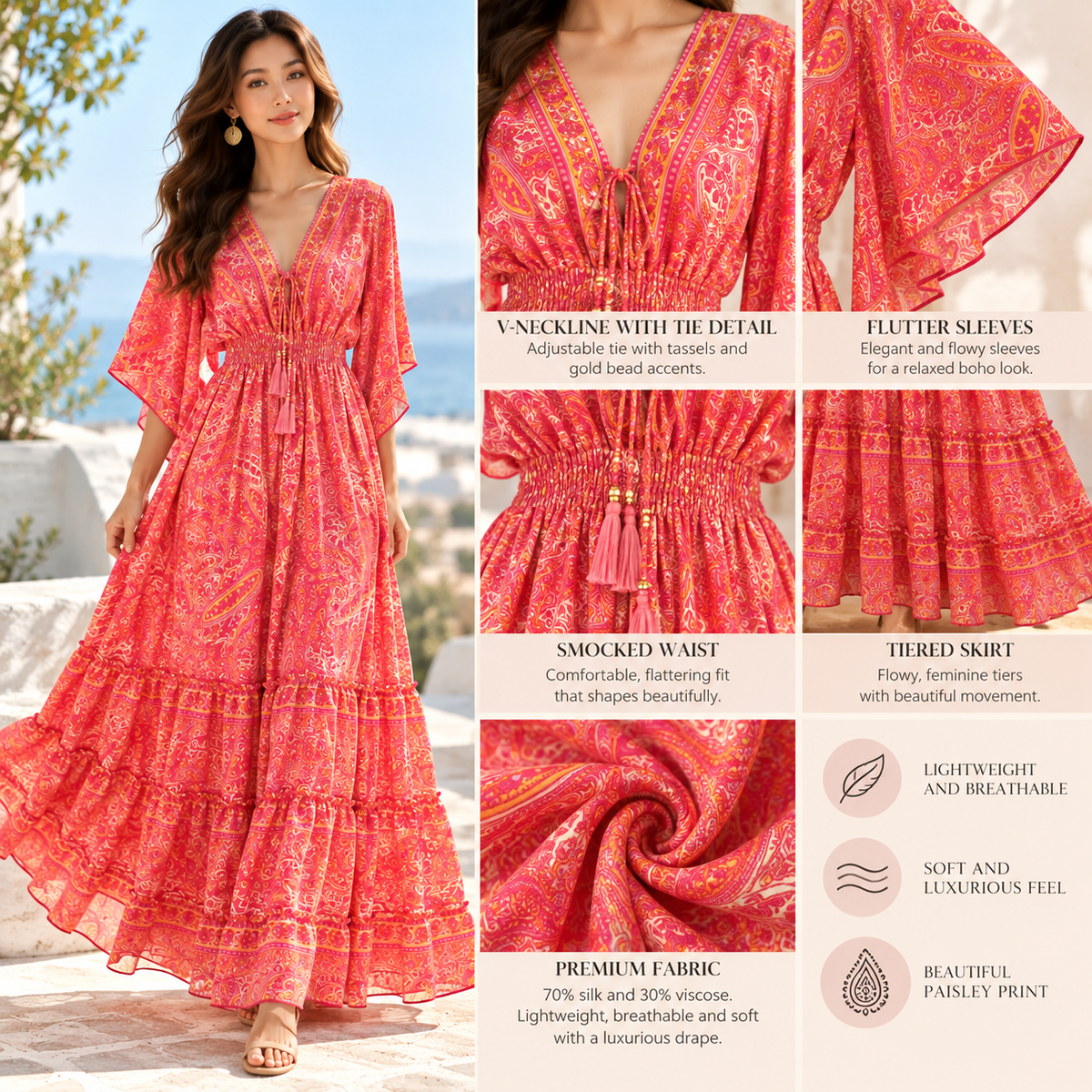 Coral Pink and Gold Paisley Silk Boho Maxi Dress – Flutter Sleeves
