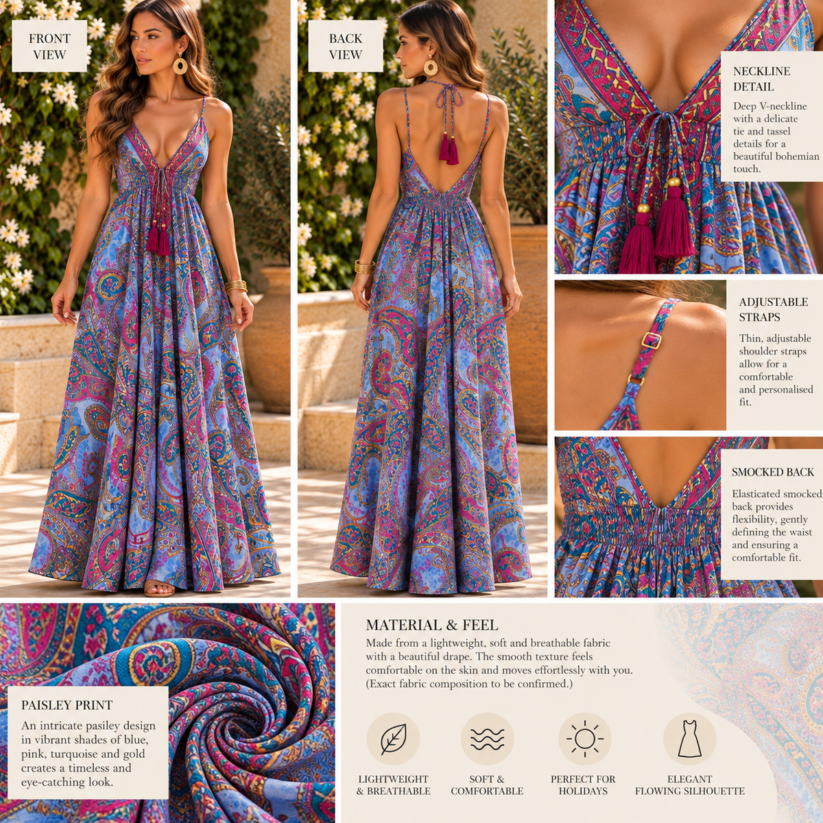 Blue & Pink Paisley Maxi Dress with Tassel Tie Detail