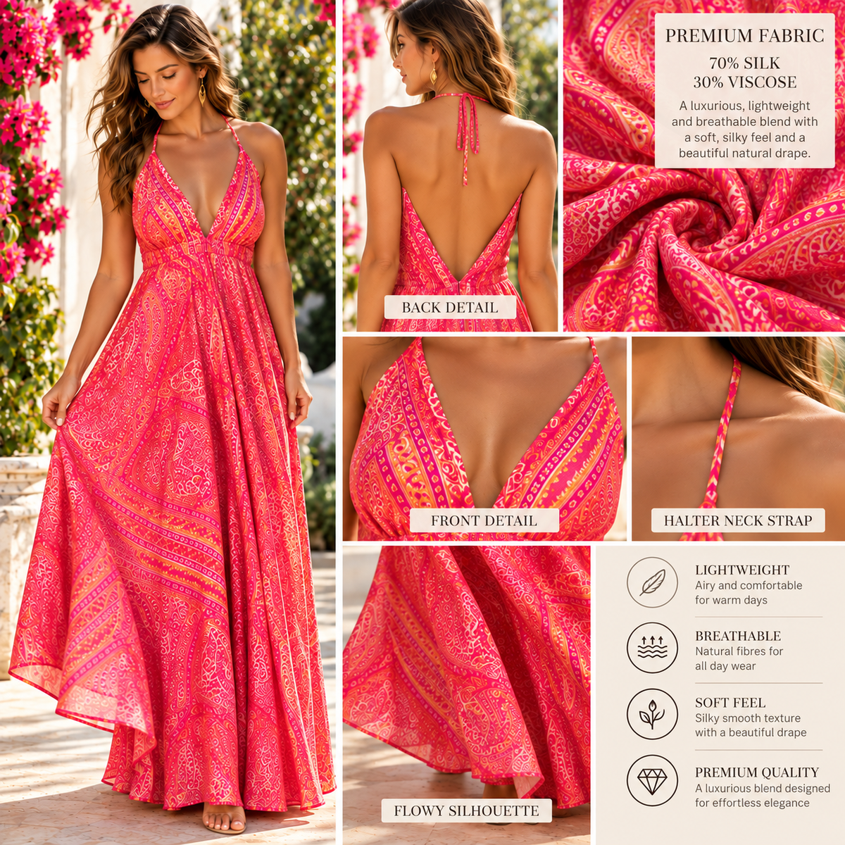 Pink and Coral Paisley Silk Maxi Dress – Halter Neck with Open V-Back