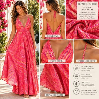 Pink and Coral Paisley Silk Maxi Dress – Halter Neck with Open V-Back