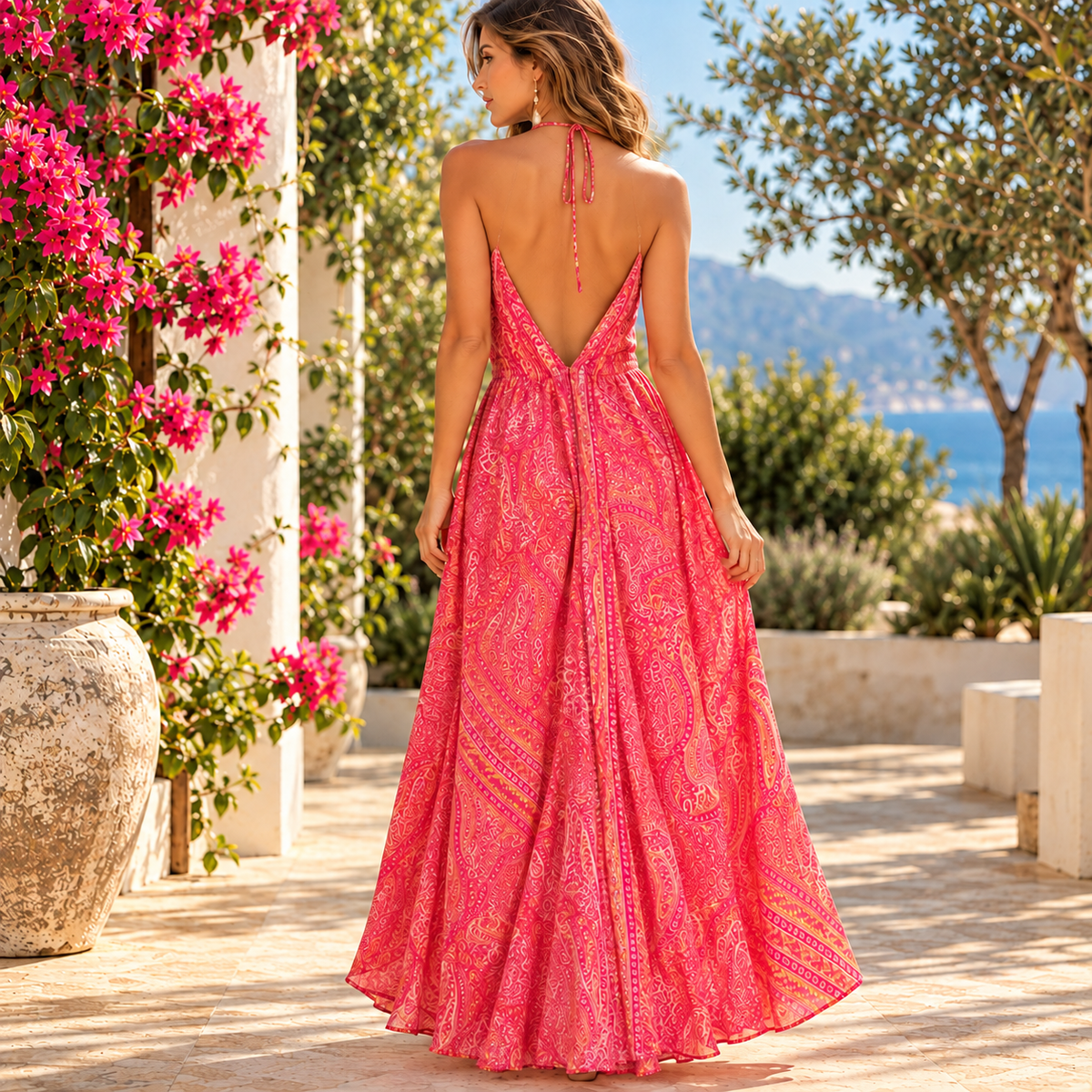 Pink and Coral Paisley Silk Maxi Dress – Halter Neck with Open V-Back