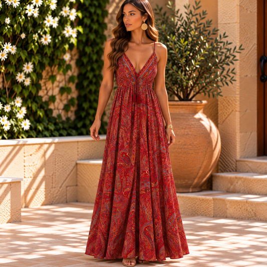 Red Paisley Magic Dress with Tassel Tie Detail