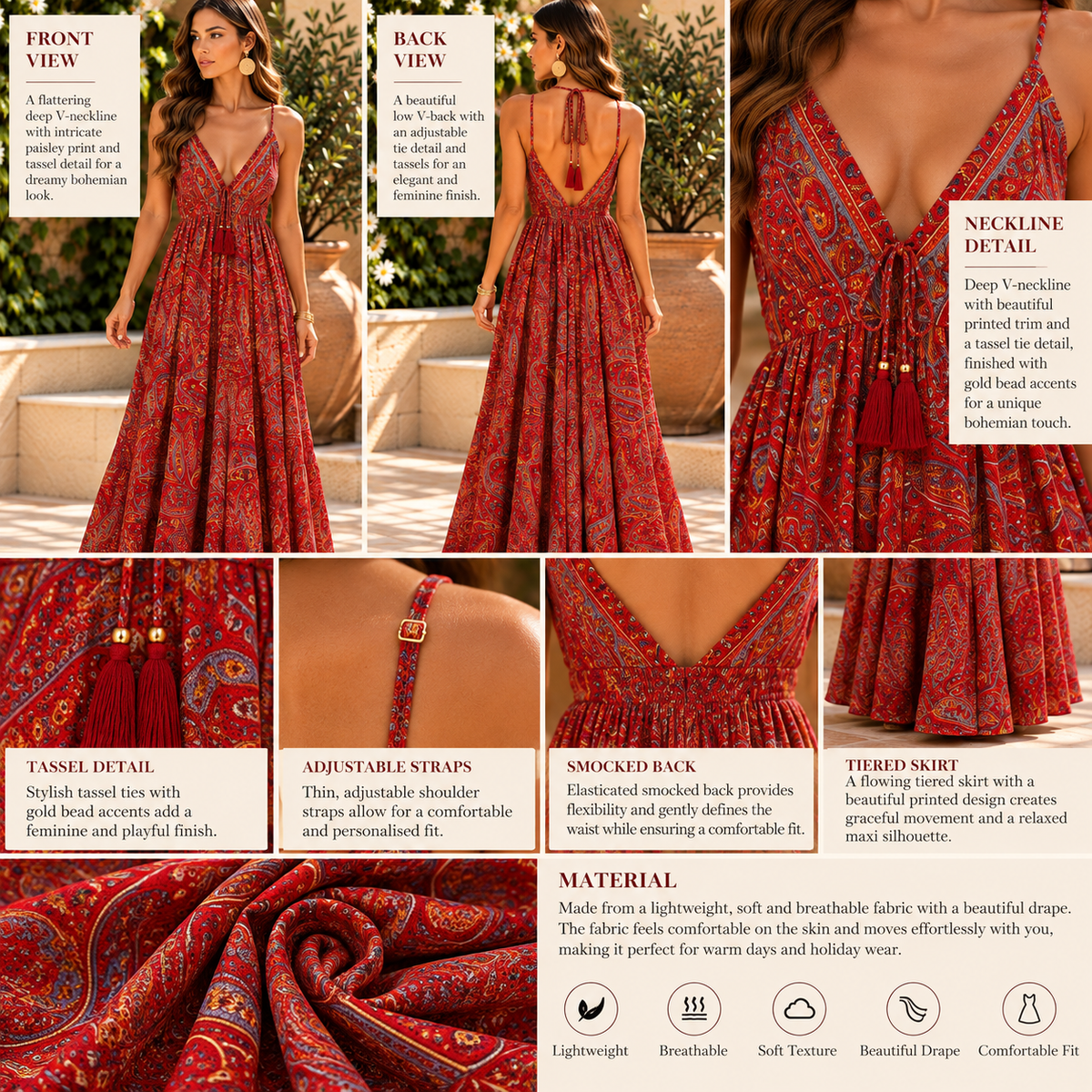 Red Paisley Maxi Dress with Tassel Tie Detail