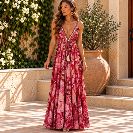 Red & Pink Embellished Paisley Maxi Dress