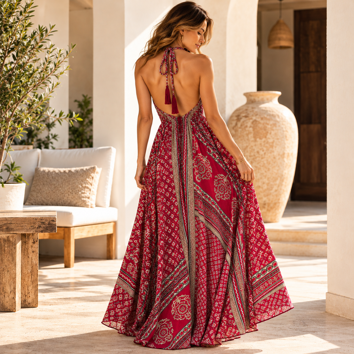 Red Silk Paisley Halterneck Maxi Dress
