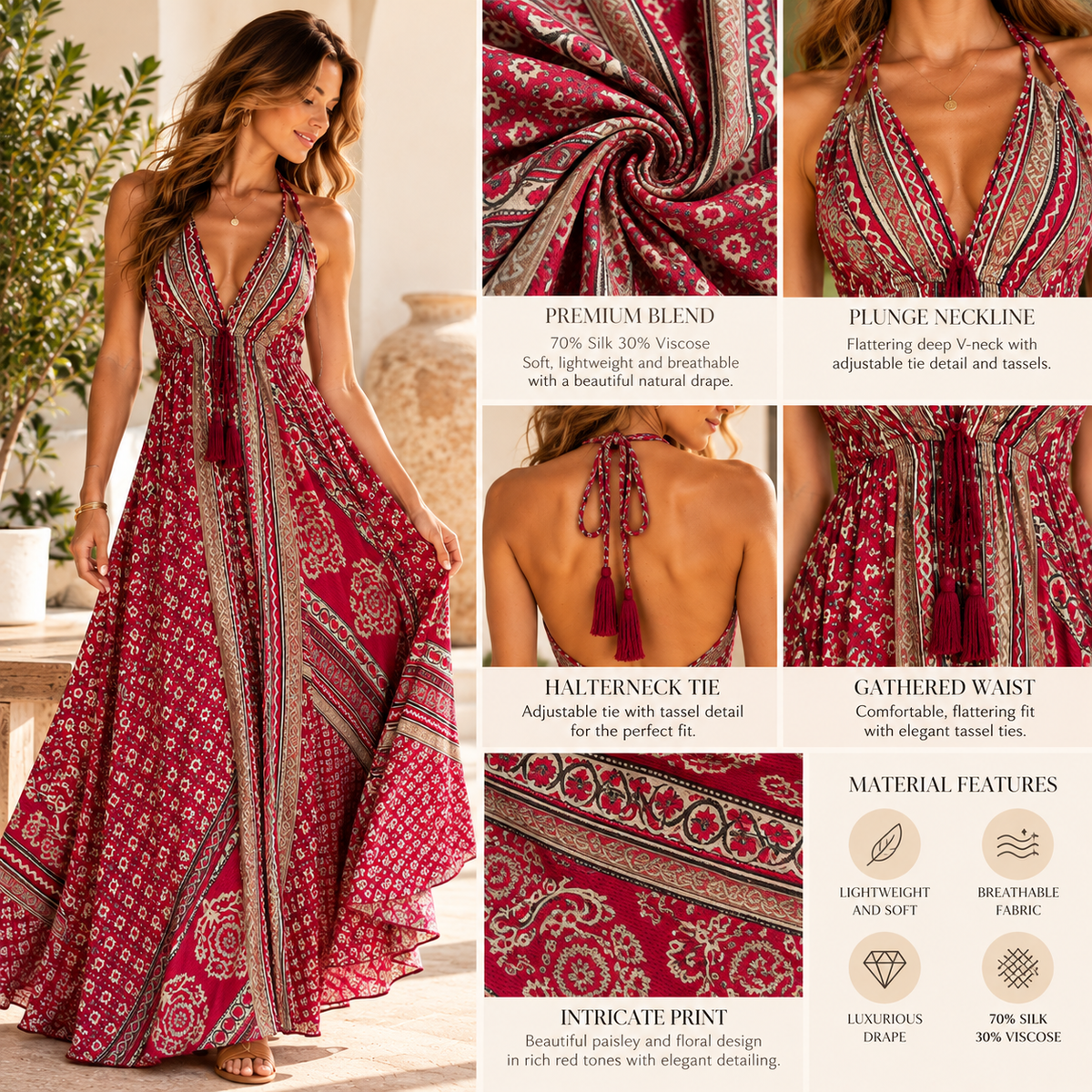 Red Silk Paisley Halterneck Maxi Dress
