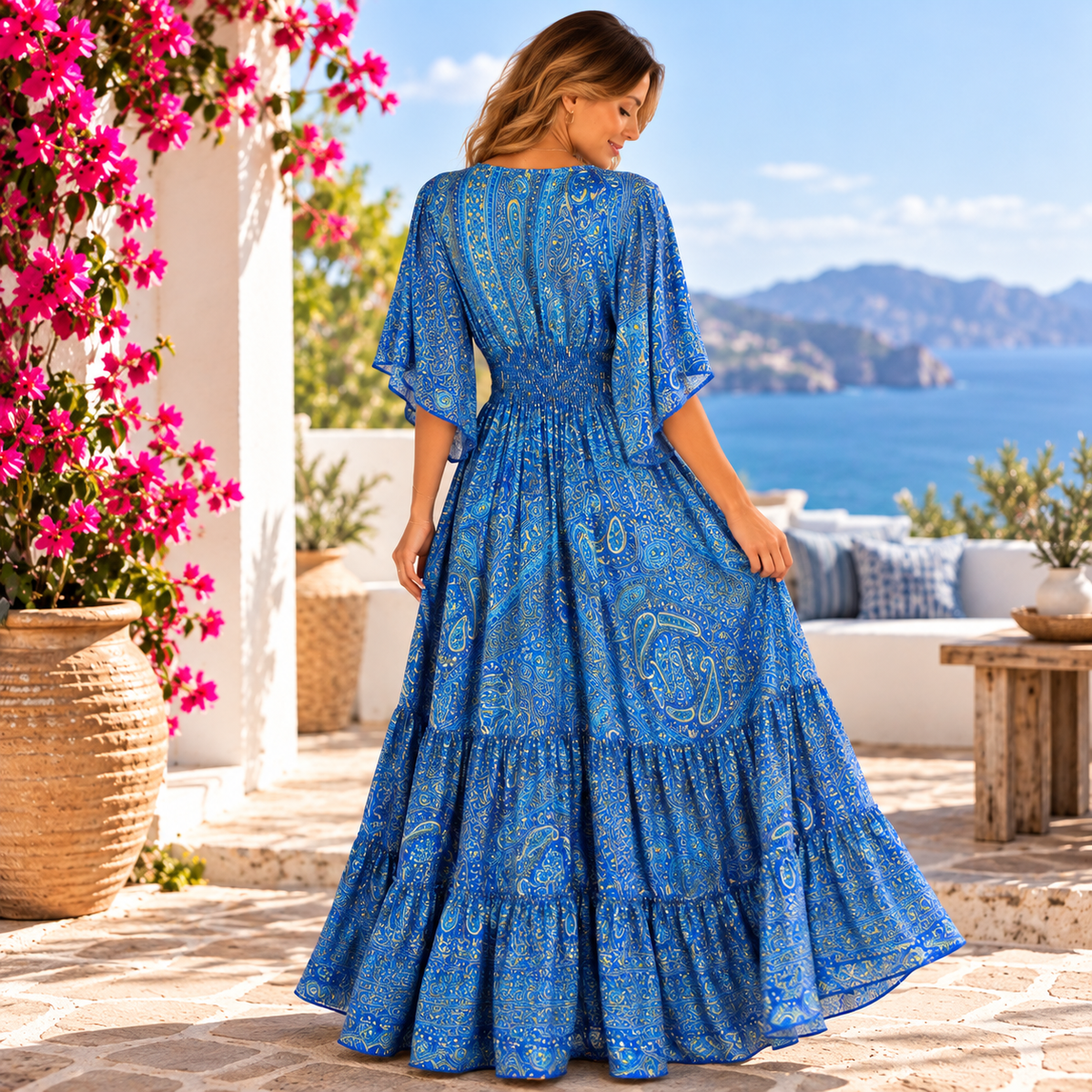 Royal Blue Silk Paisley Maxi Dress with Smocked Waist