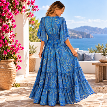 Royal Blue Silk Paisley Maxi Dress with Smocked Waist