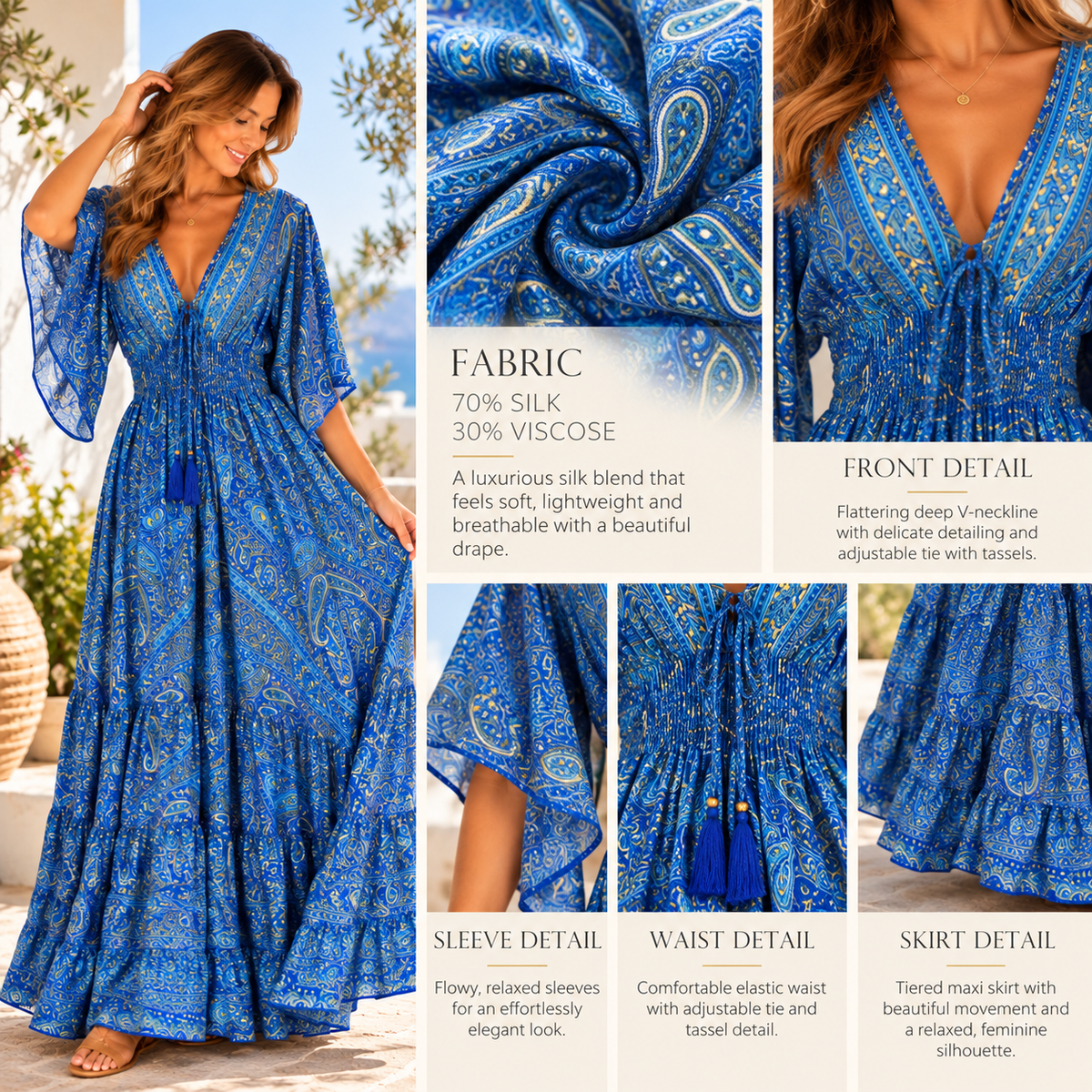 Royal Blue Silk Paisley Maxi Dress with Smocked Waist