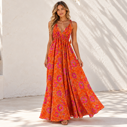 Orange and Pink Floral Halter Neck Maxi Dress