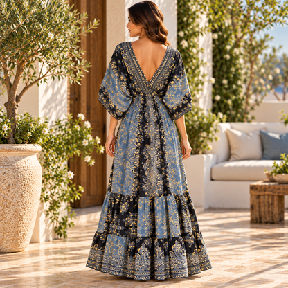 Black and Dusty Blue Paisley Maxi Dress