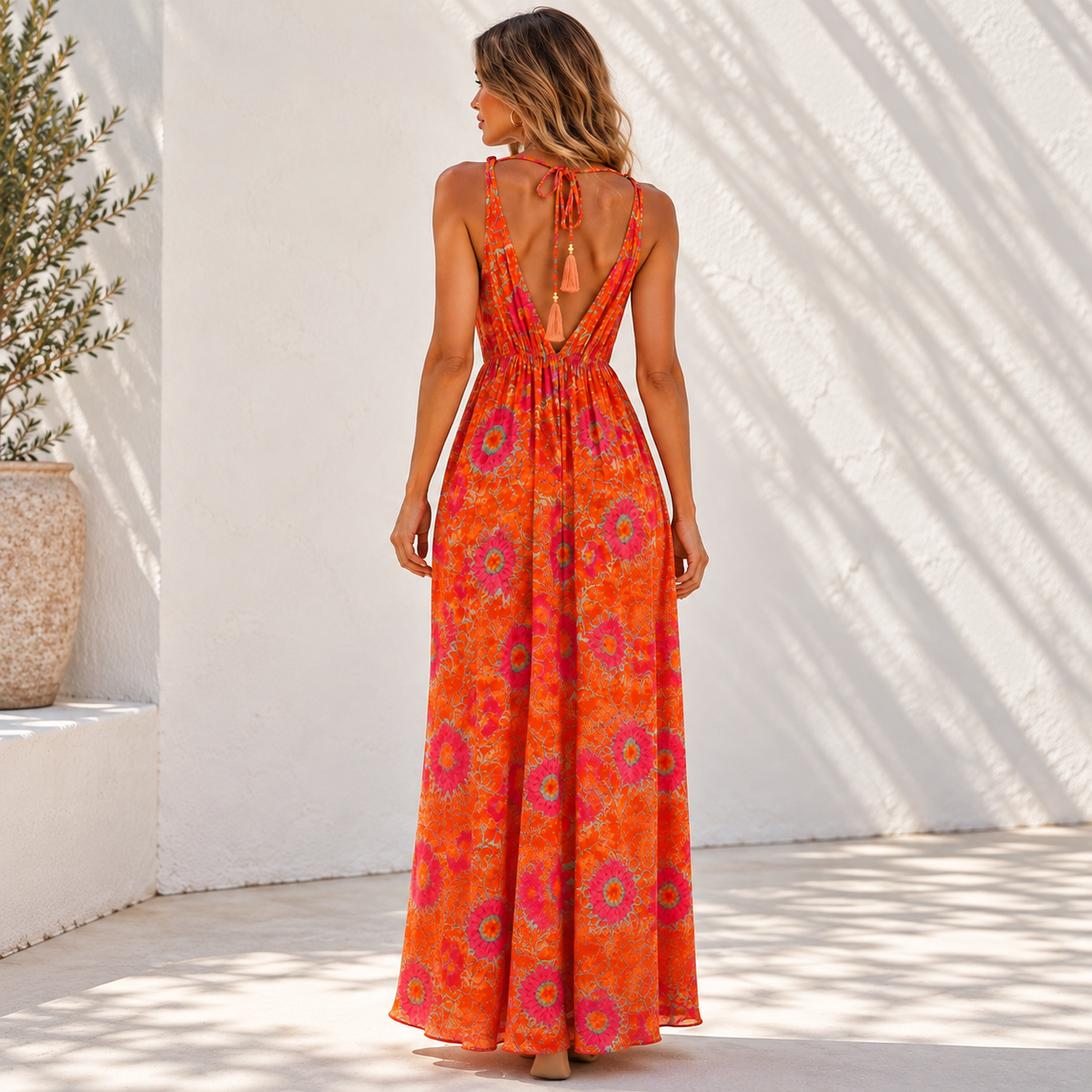 Orange and Pink Floral Halter Neck Maxi Dress