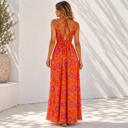 Orange and Pink Floral Halter Neck Maxi Dress
