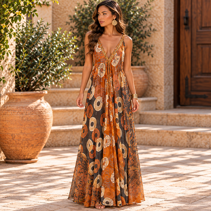 Rust Orange & Cream Boho Maxi Dress