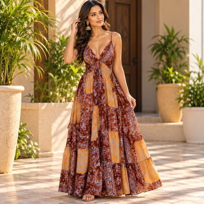 Rust & Mustard Paisley Patchwork Maxi Dress