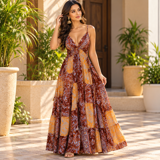 Rust & Mustard Paisley Patchwork Maxi Dress