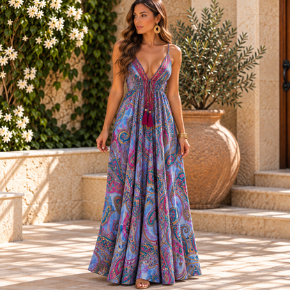 Blue & Pink Paisley Maxi Dress with Tassel Tie Detail