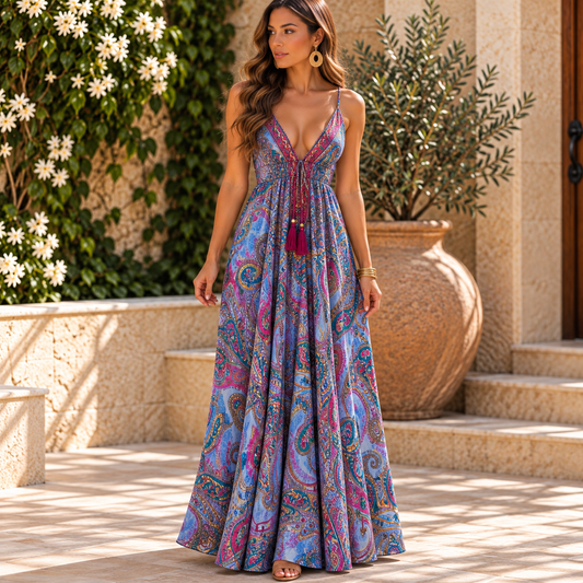 Blue & Pink Paisley Magic Dress with Tassel Tie Detail