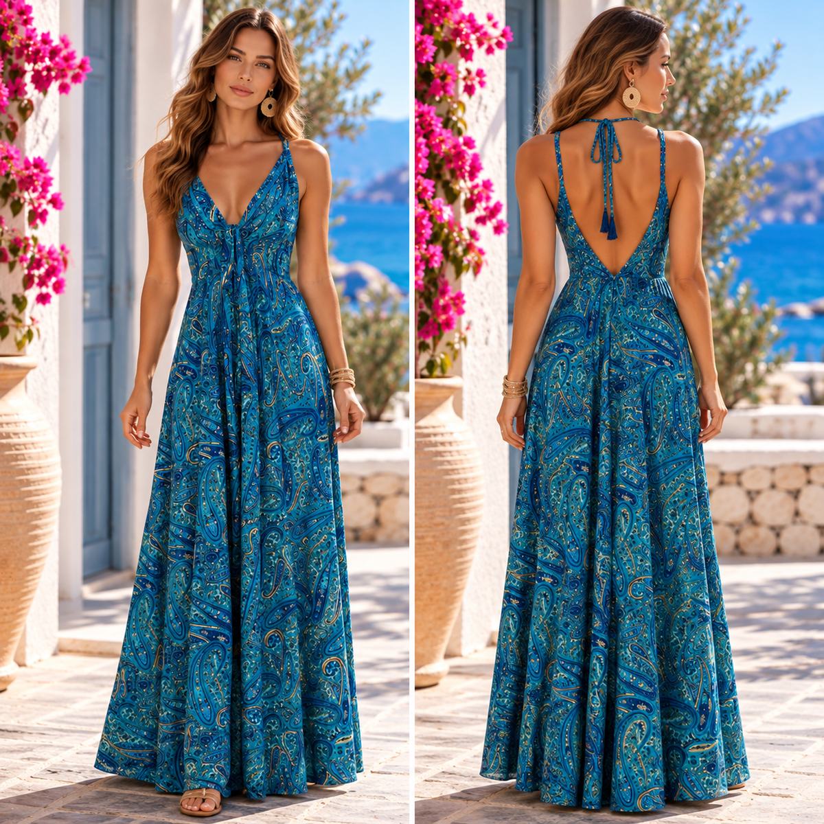 Blue & Teal Paisley Magic Dress with Low V-Back