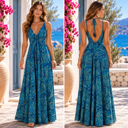 Blue & Teal Paisley Magic Dress with Low V-Back