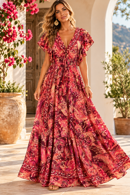 Red and Pink Paisley Magic Maxi Dress
