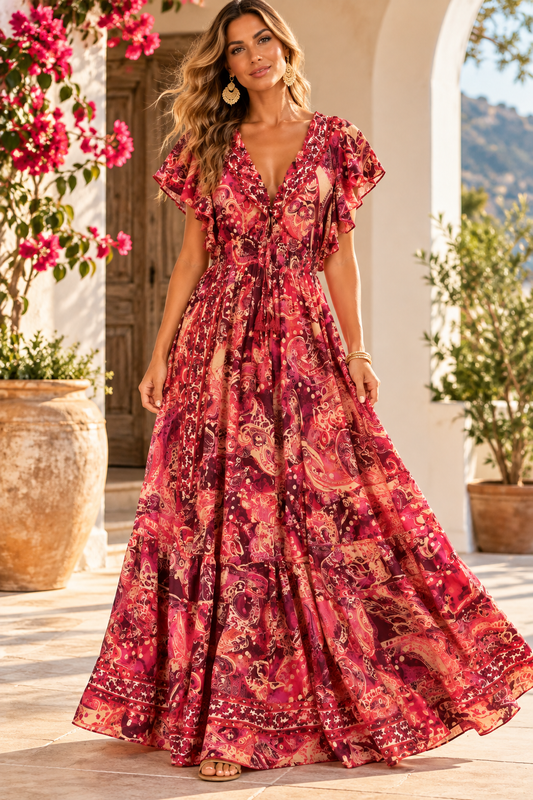 Red and Pink Paisley Magic Maxi Dress