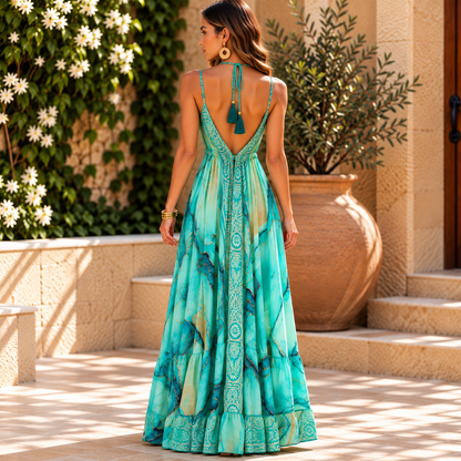 Turquoise & Teal Boho Maxi Dress with Tassel Detail