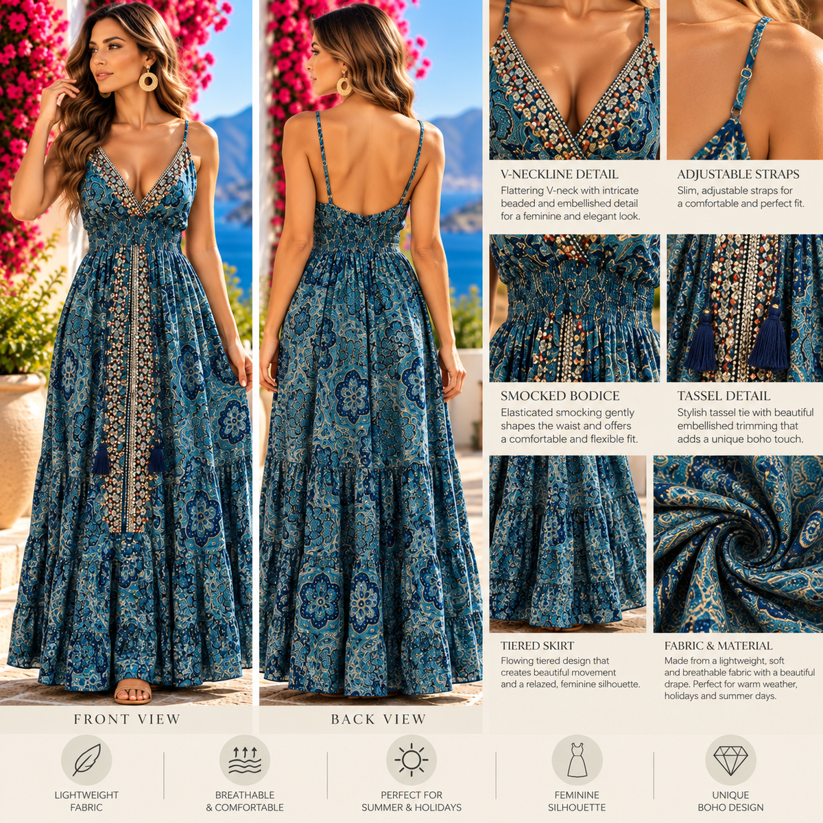 Teal Blue Embellished Paisley Maxi Dress