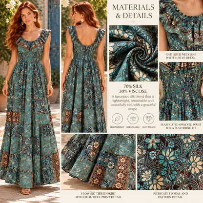 Turquoise and Chocolate Brown Floral Silk Maxi Dress – Elegant Boho Resort Wear