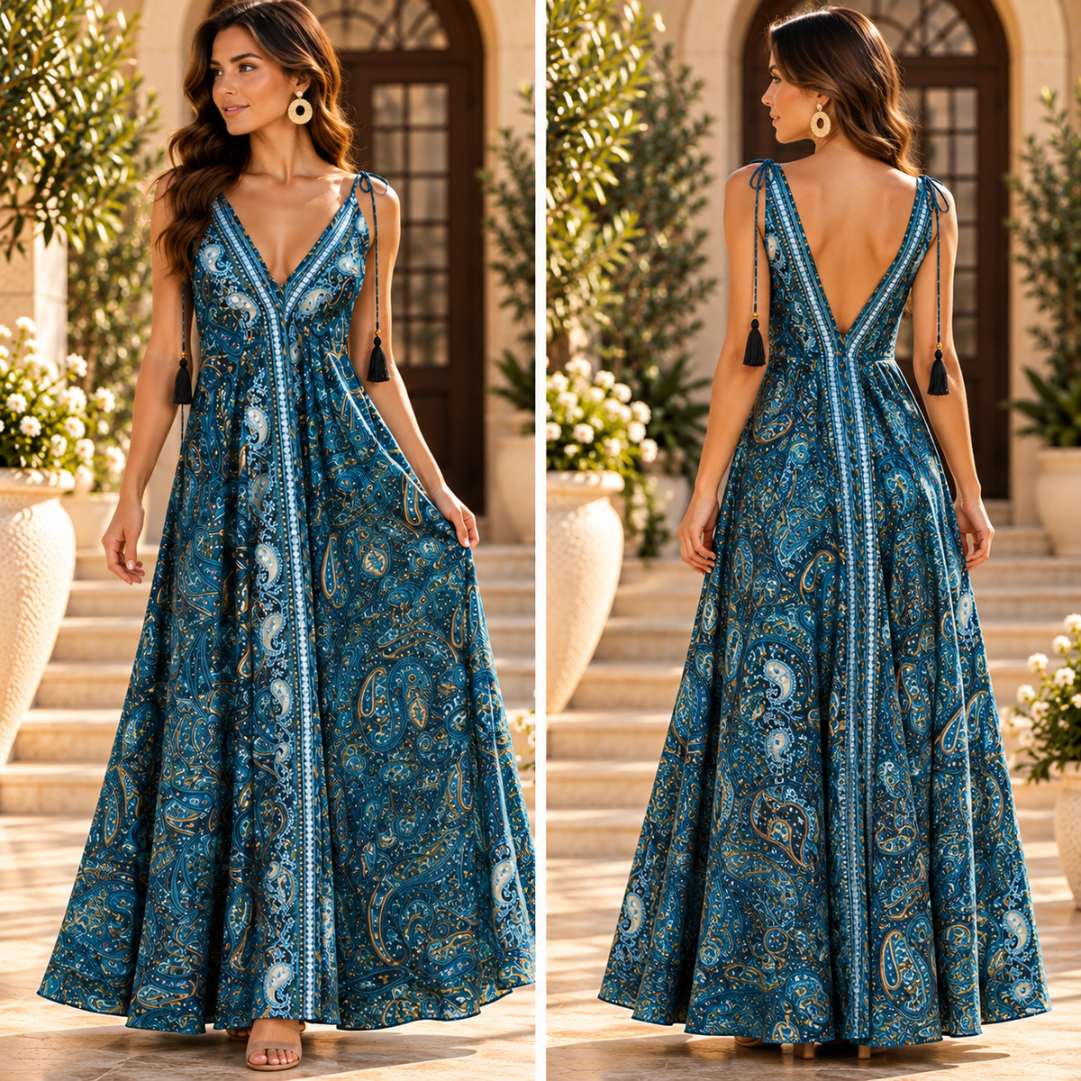 Blue & Teal Paisley Maxi Dress with Tassel Details