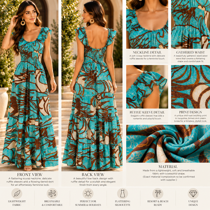Turquoise & Brown Botanical Maxi Dress