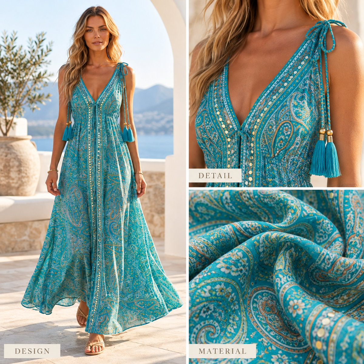 Turquoise Paisley Maxi Dress with Tassel Shoulder Ties